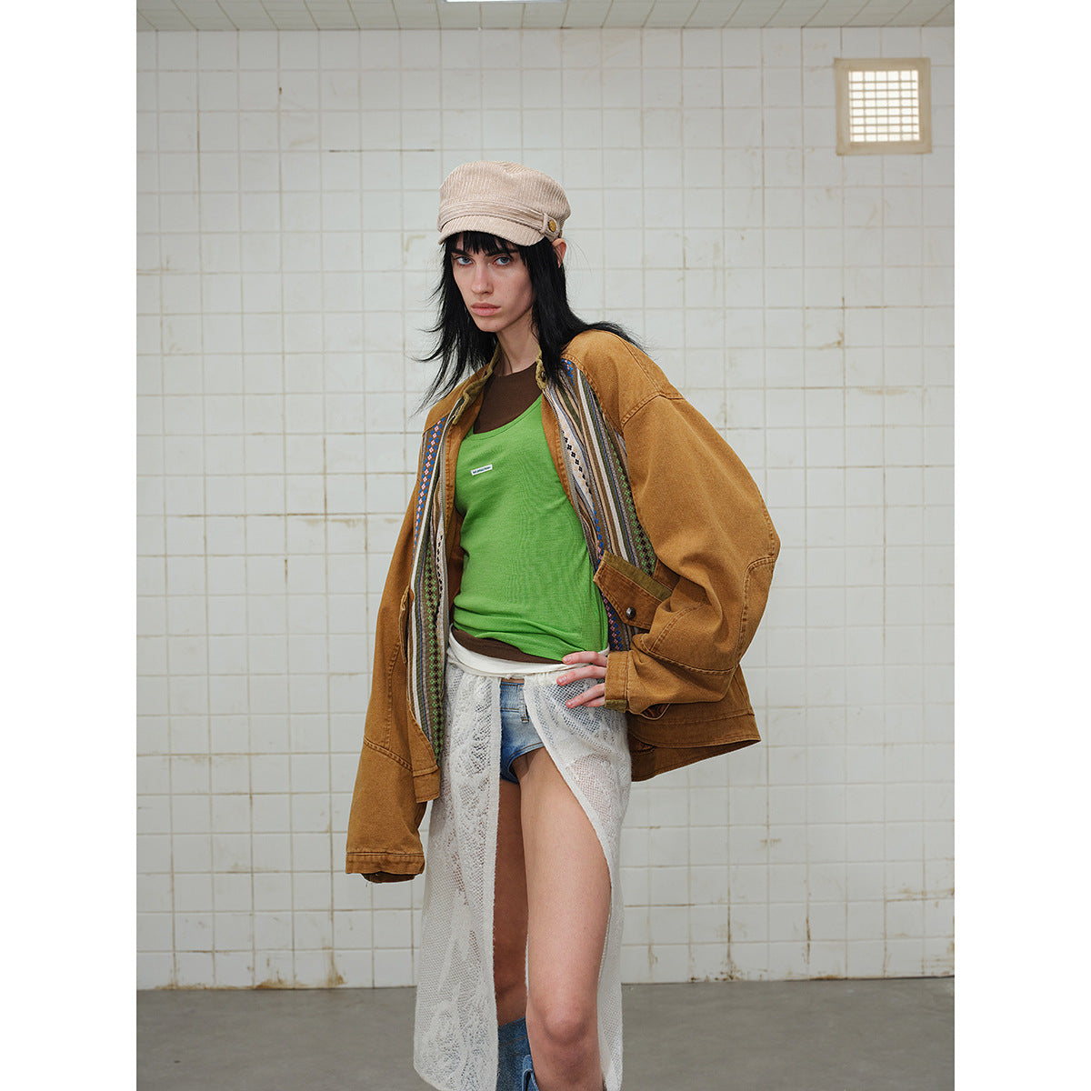 Women's short cotton blouson jacket with ethnic woven panels and cord trimming EVA-US