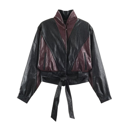Women's short jacket in blouson style with high collar and tie belt EVA-US