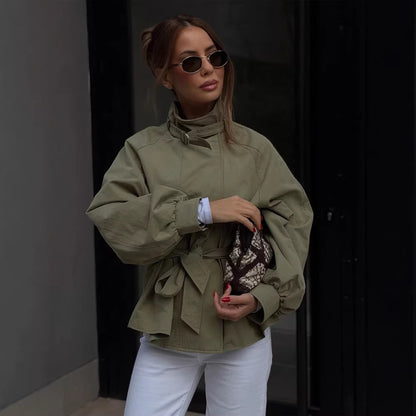 Women's Tailored Short Parka with Stand Collar, Balloon Sleeves, and Tied Belt EVA-US