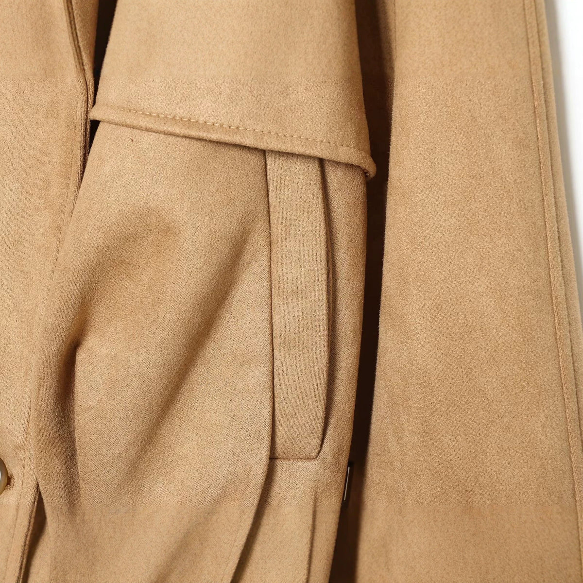 Women Short Cut Trench Jacket in Suede Look with Epaulettes and Buckle Cuffs EVA-US