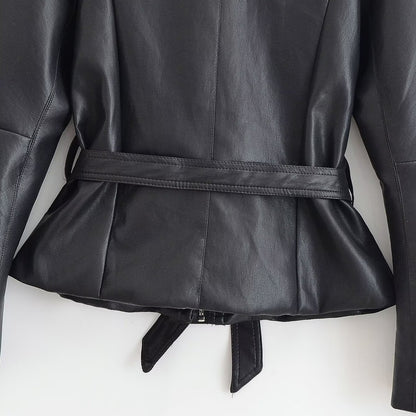 Women's Tailored Leather Look Jacket with Tie Belt and Balloon Sleeves EVA-US