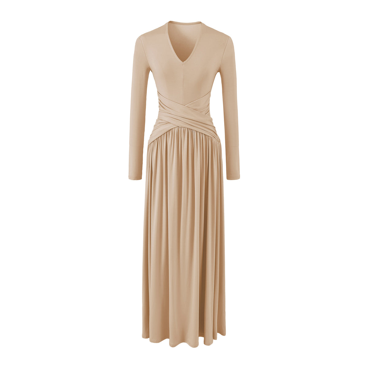 Women's V-Neck Maxi Wrap Dress Made of Jersey with Gathered Waist Section EVA-US