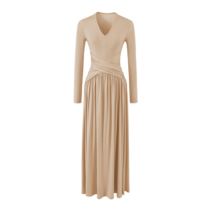 Women's V-Neck Maxi Wrap Dress Made of Jersey with Gathered Waist Section EVA-US