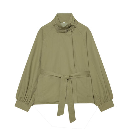 Women's Short Cape Trench Coat with Waist Belt and Funnel Collar EVA-US