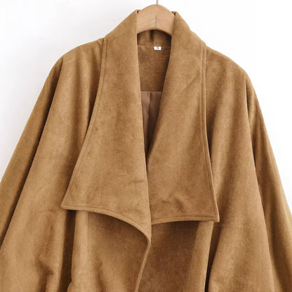 Women's short jacket in suede look with waterfall collar and ballooned hem EVA-US