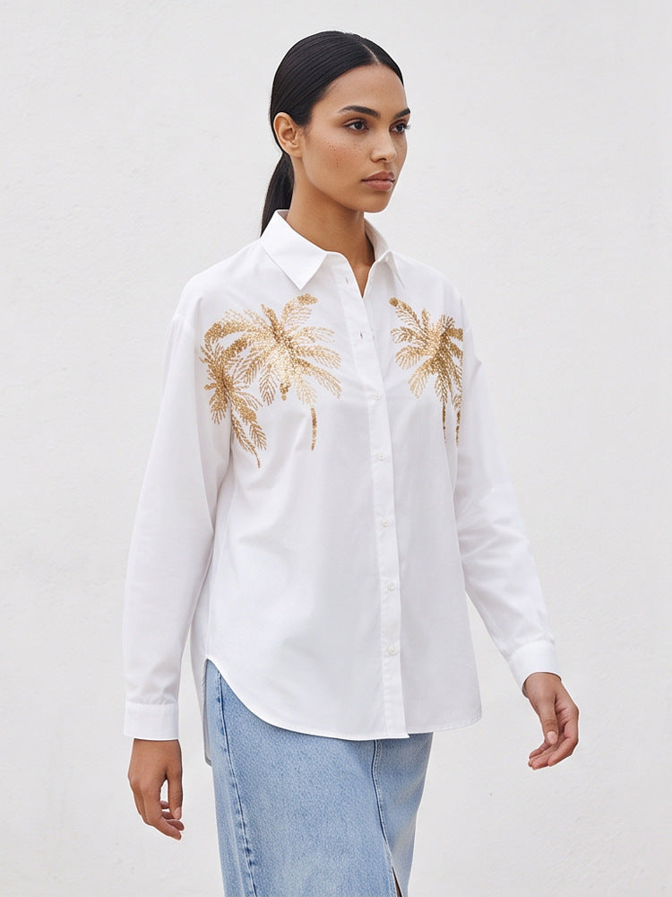 Women's shirt blouse with sequin palm applique, oversized cut & classic collar EVA-US