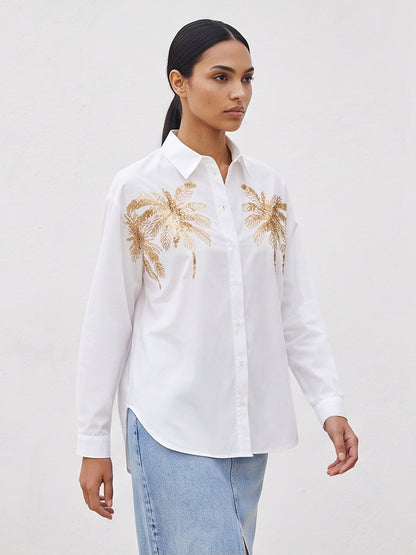 Women's shirt blouse with sequin palm applique, oversized cut & classic collar EVA-US