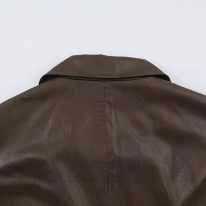 Women Tailored Leather Look Jacket with Asymmetrical Button Placket and Ties Belt EVA-US