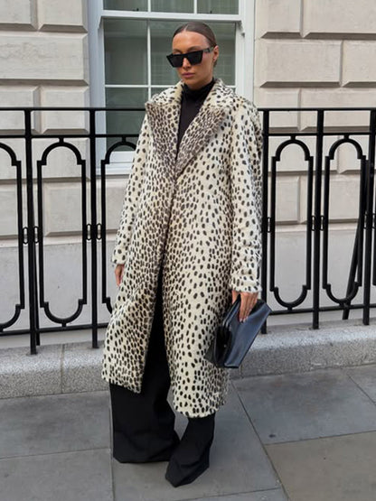 Women's Mid-Length Faux Fur Coat with Distinctive Spot Pattern and Notched Collar EVA-US