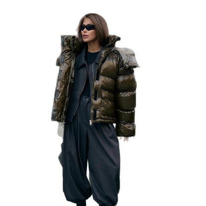 Women's padded short jacket with high-gloss finish, oversized cut, and hood EVA-US