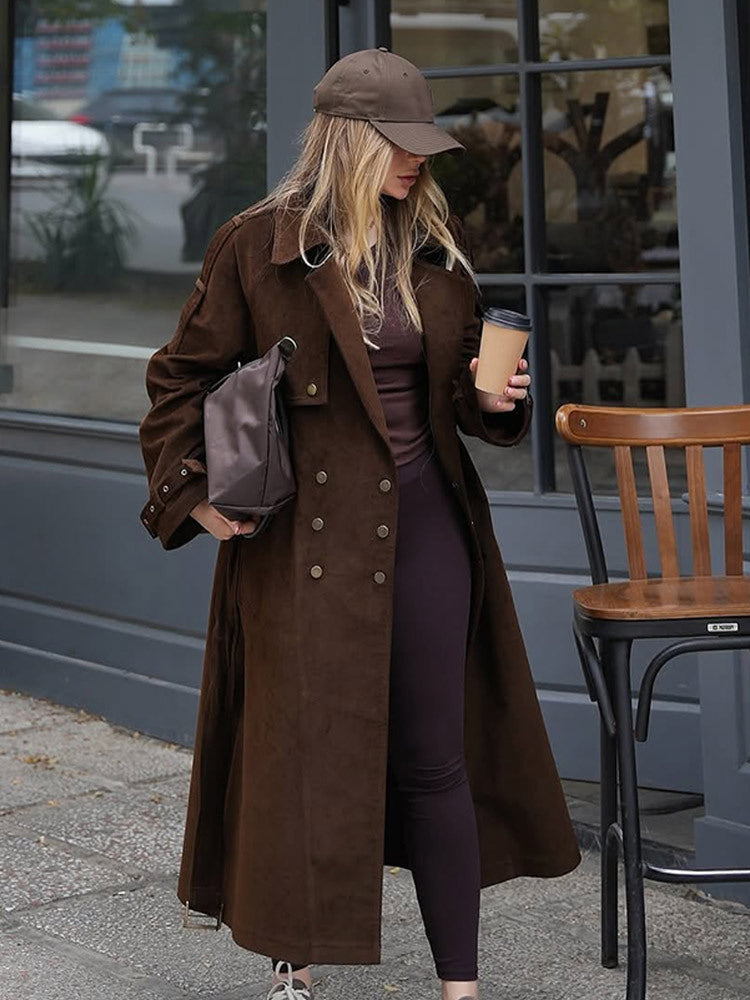 Women's maxi long trench coat in velour look with double-breasted button placket and oversized cut EVA-US