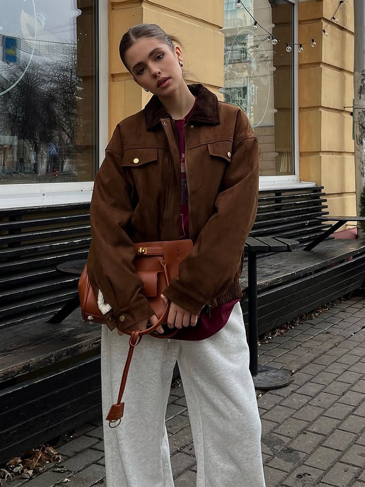 Women's Boxy Suede Blouson Jacket with Cord Collar and Teddy Lining EVA-US