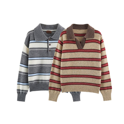 Women Striped Oversize Sweater with Polo Collar and V-Neck EVA-US