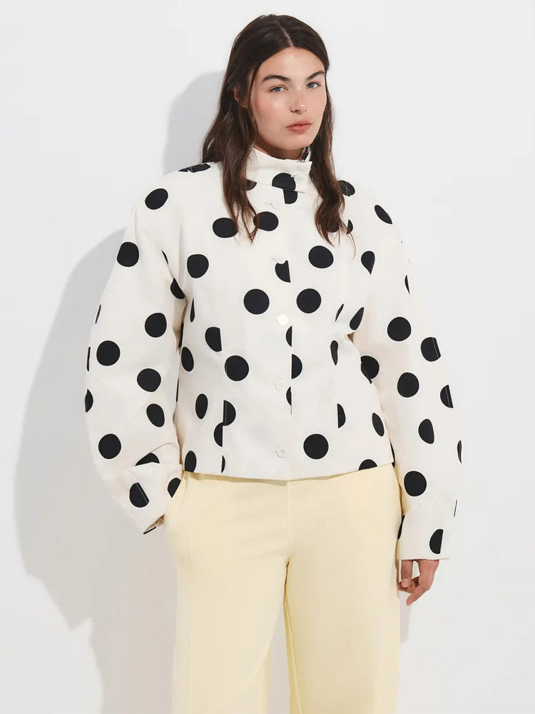 Women's Polka Dot Stand Collar Blouse with Oversized Sleeves and Boxy Cropped Silhouette EVA-US