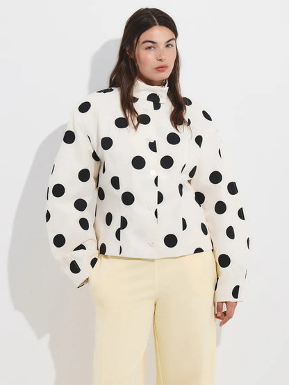 Women's Polka Dot Stand Collar Blouse with Oversized Sleeves and Boxy Cropped Silhouette EVA-US