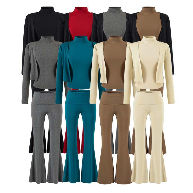 Women's Loungewear Set with Bolero, Turtleneck Cropped Top and Flared Trousers EVA-US