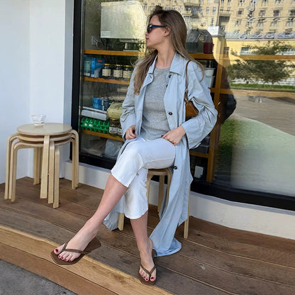 Women's Lightweight Long Trench Coat Made from Technical Material with Concealed Button Placket and Loose Fit EVA-US