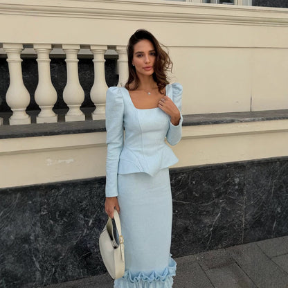 Women's two-piece fitted ensemble with square neckline and ruffled midi skirt EVA-US