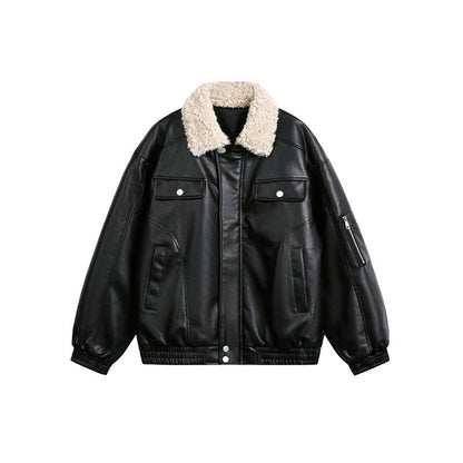 Men's aviator-inspired faux leather bomber jacket with teddy collar and sleeve utility pocket EVA-US