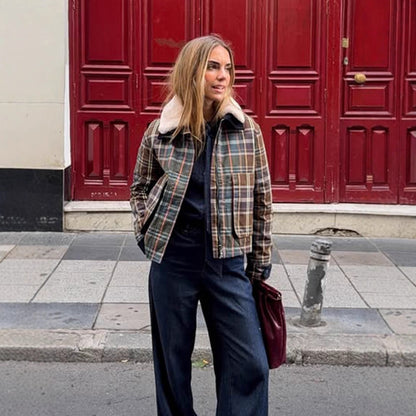 Women's Short Blouson in Check Pattern with Padded Lining and Teddy Collar EVA-US