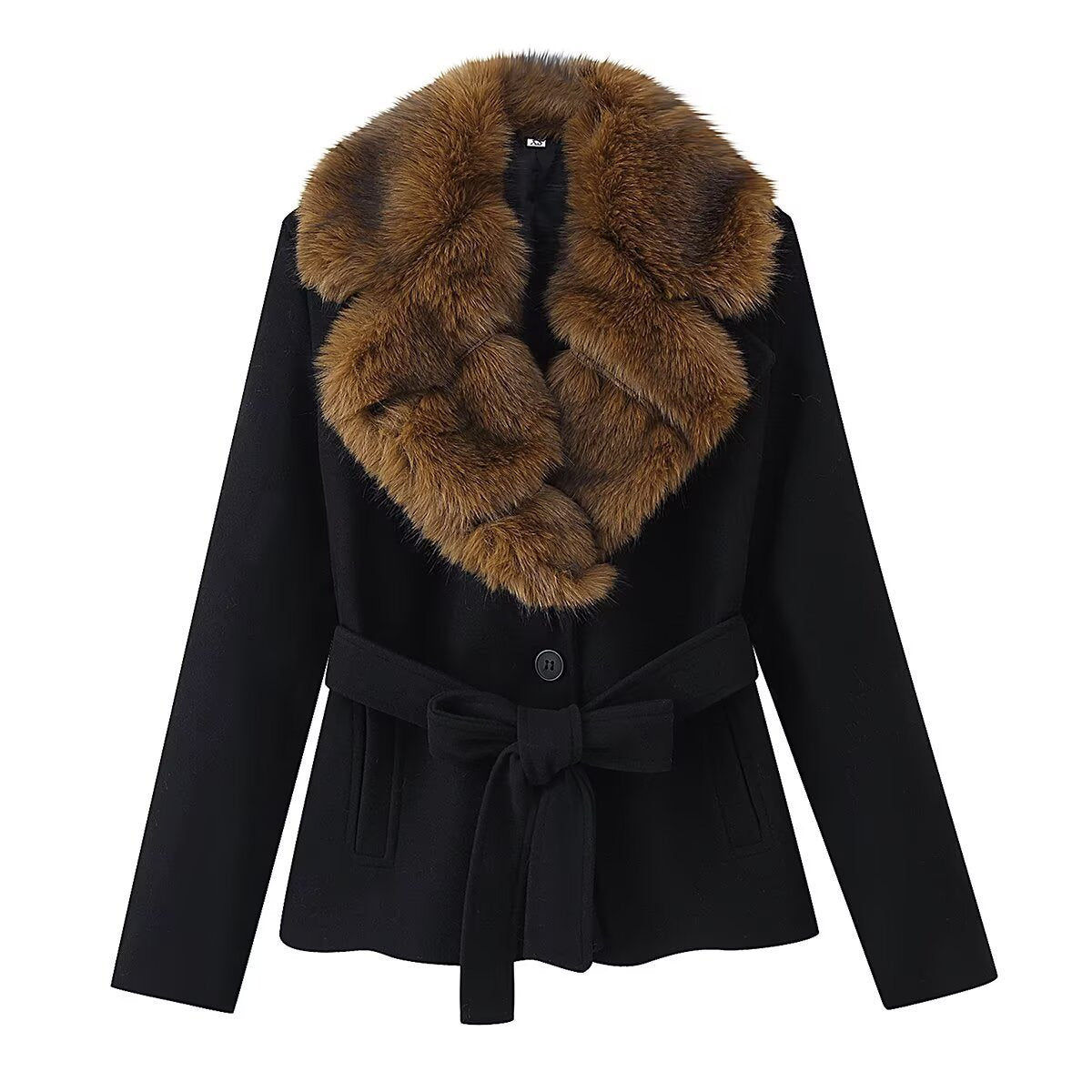 Women short coat with detachable faux fur shawl collar and belt EVA-US