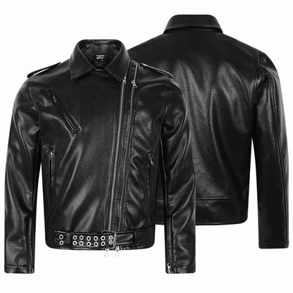 Men's Asymmetrical Biker Jacket Made of Faux Leather with Studded Hem and Multiple Zippers EVA-US