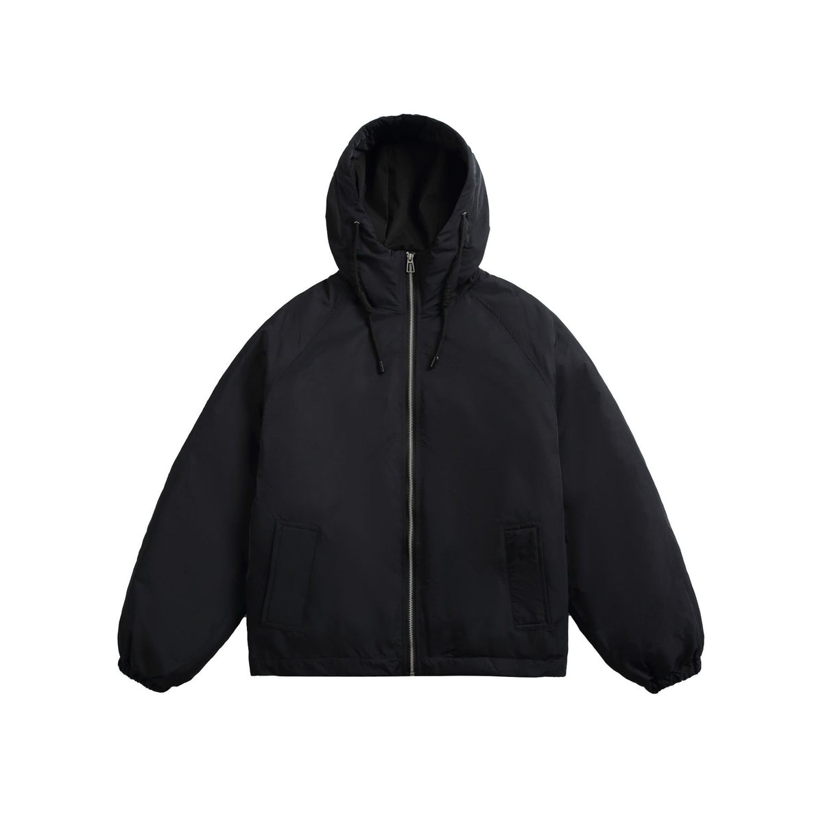 Unisex Short padded hooded jacket in boxy cut with elastic hem EVA-US