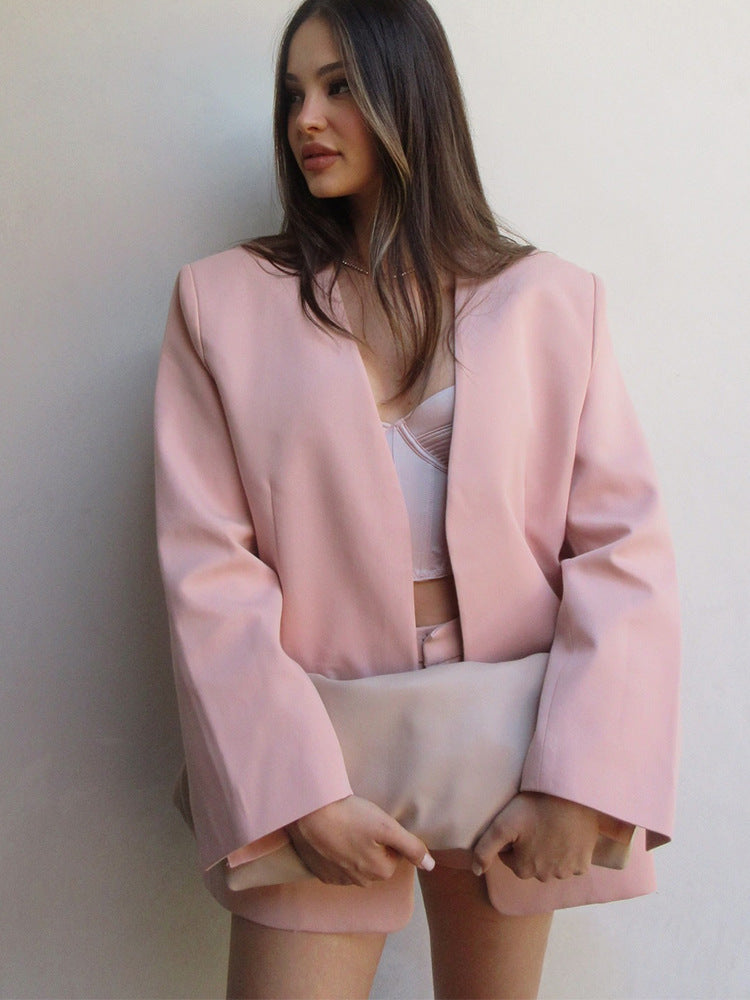 Women Oversized Blazer Set with High-Waist Shorts and Structured Shoulder Part EVA-US