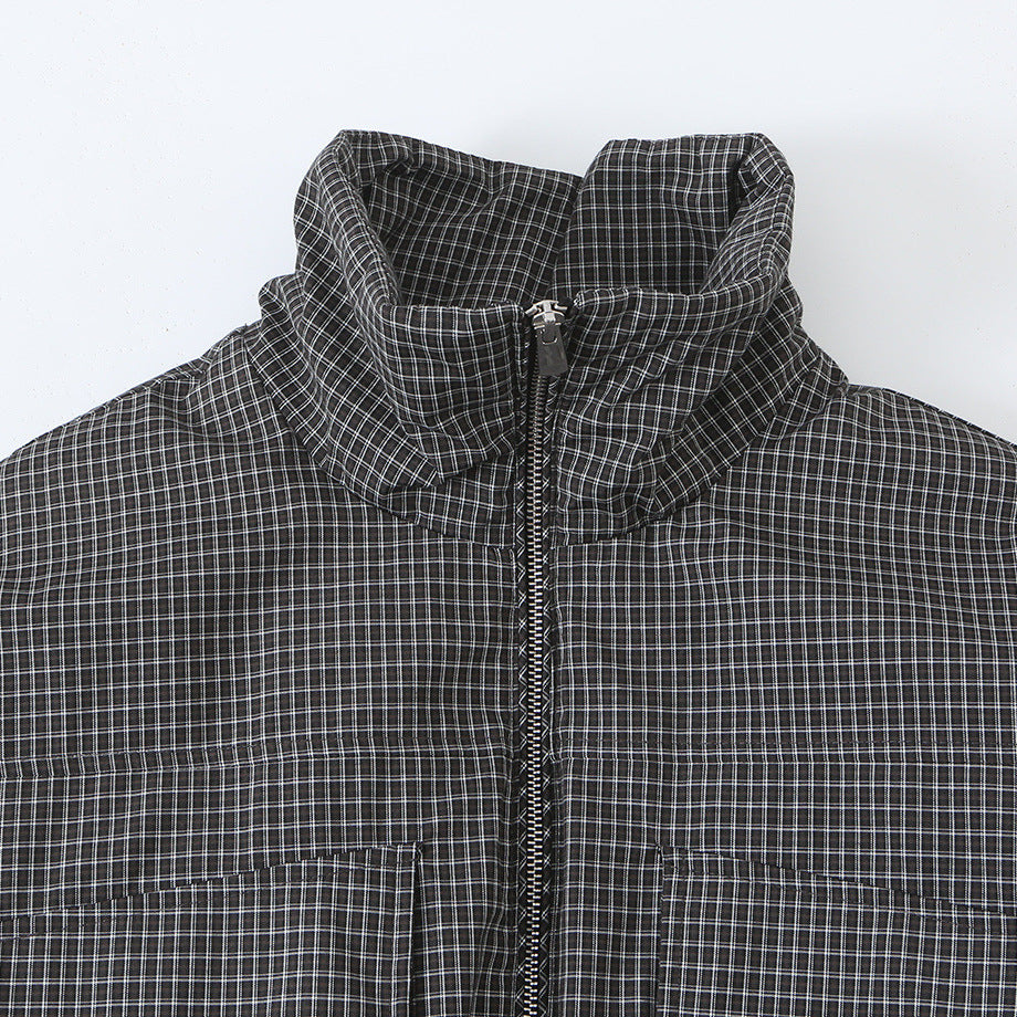 Women’s short jacket in checkered utility bomber with high stand collar and drawstring waist EVA-US