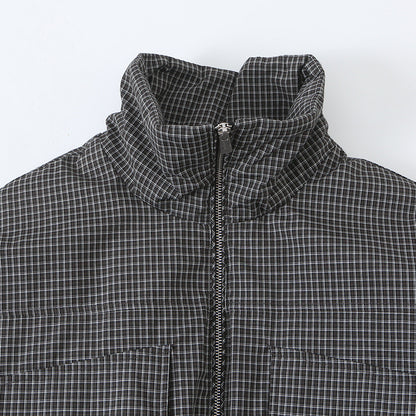 Women’s short jacket in checkered utility bomber with high stand collar and drawstring waist EVA-US