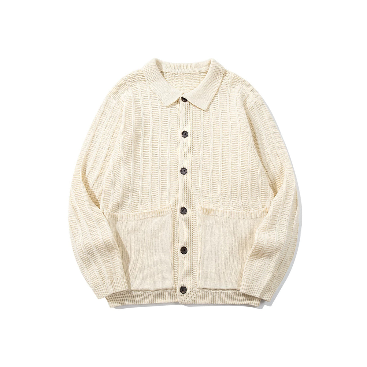 Unisex Structured Knit Cardigan with Shirt Collar and Patch Pockets EVA-US