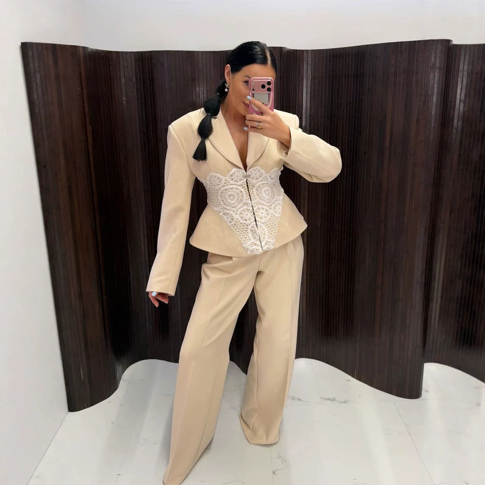 Women's Two-Piece Suit Set with Tailored Blazer, Lace Corset and Wide Palazzo Pants EVA-US