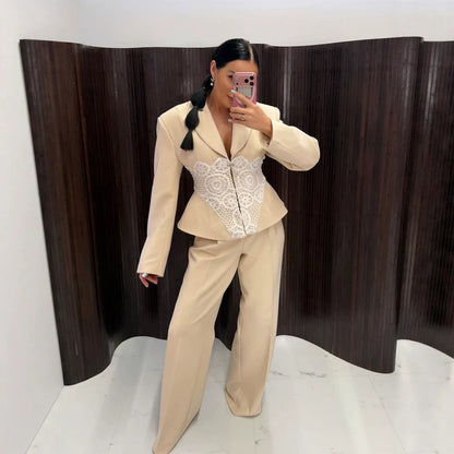 Women's Two-Piece Suit Set with Tailored Blazer, Lace Corset and Wide Palazzo Pants EVA-US