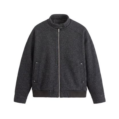 Men's Short Boxy Wool Mix Bomber with Stand-Up Collar and Ribbed Hem EVA-US