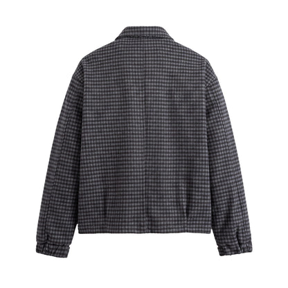 Men's Short-Cut Wool Blend Bomber with Houndstooth Pattern and Concealed Zipper