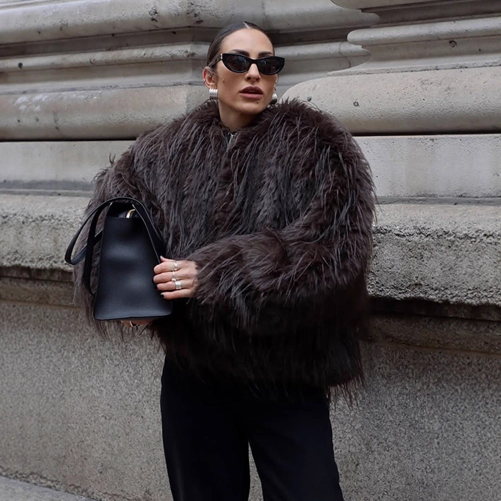 Ladies short jacket made of long-pile shaggy faux fur with hidden snap button placket EVA-US