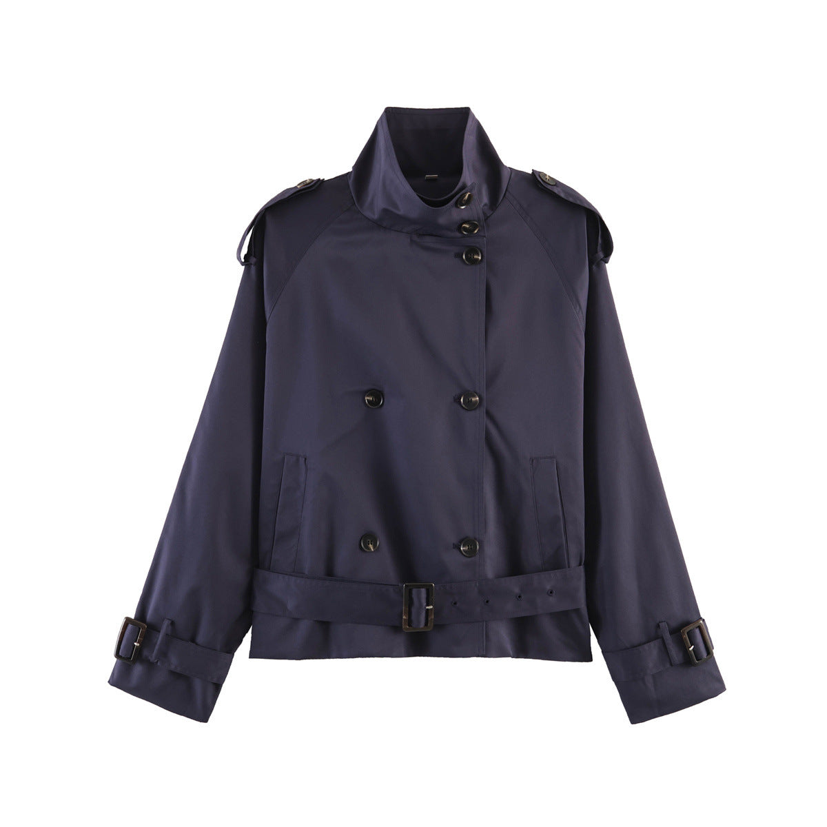 Women's Short Double-Breasted Waist Belt Trench Coat with High Funnel Collar and Shoulder Straps EVA-US