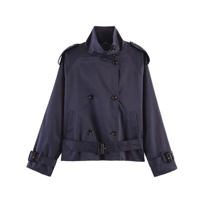 Women's Short Double-Breasted Waist Belt Trench Coat with High Funnel Collar and Shoulder Straps EVA-US