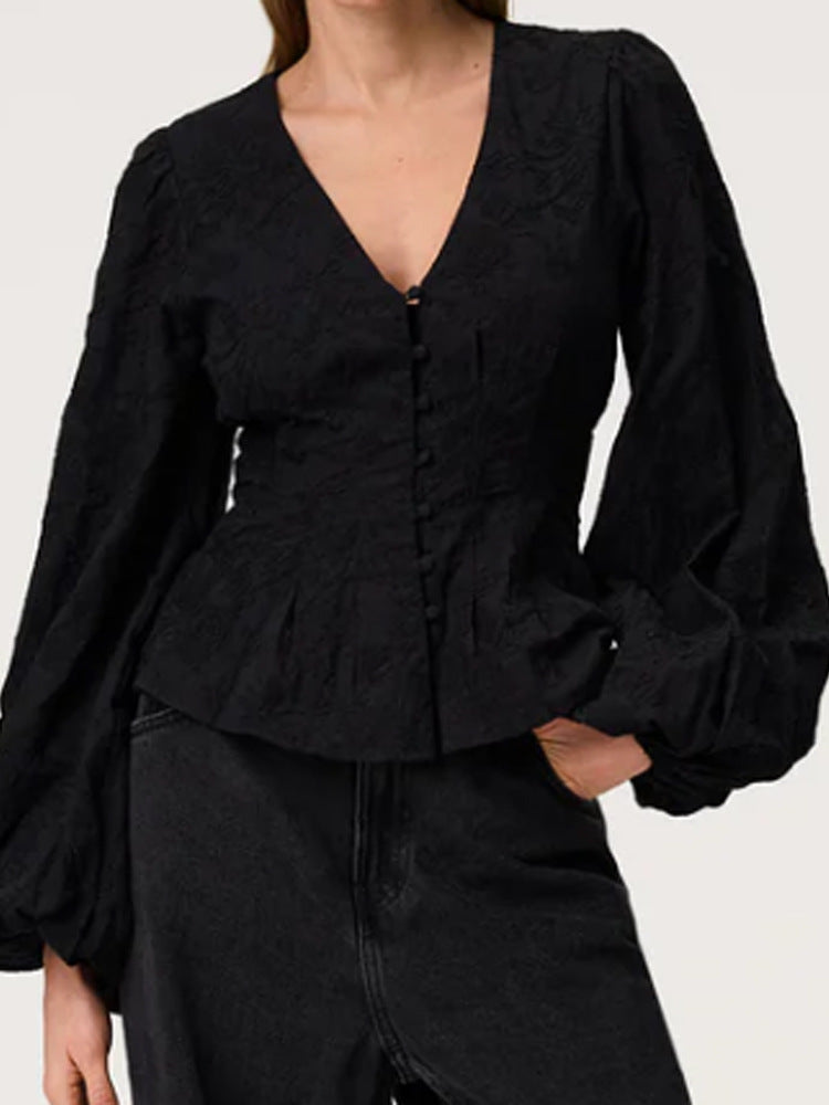 Women’s jacquard lace blouse with tailored peplum and balloon sleeves EVA-US