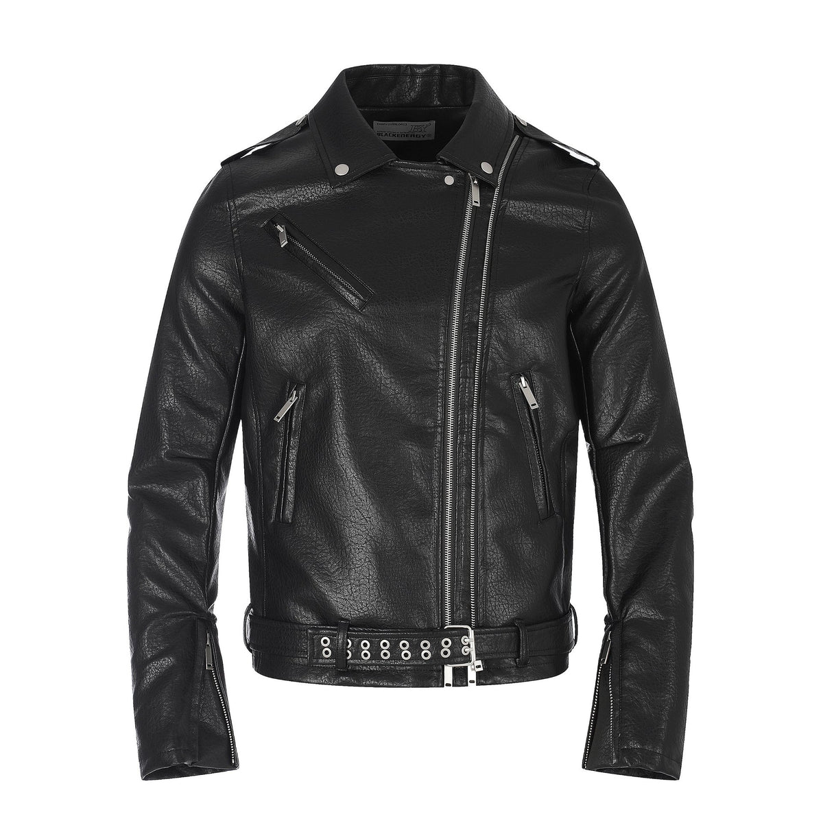 Men's faux leather biker jacket with asymmetrical zipper and eyelet belt EVA-US