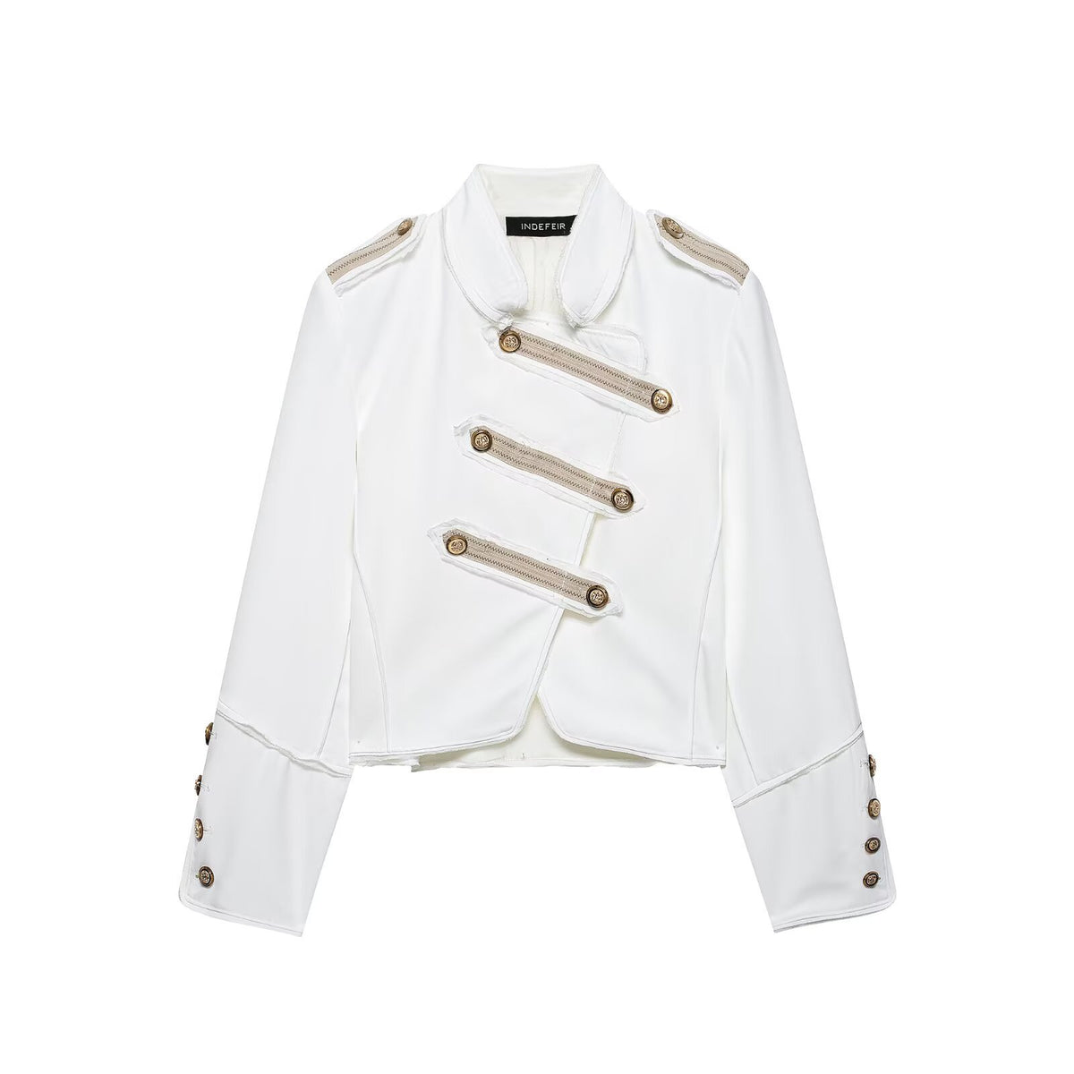 Ladies short jacket in military style with asymmetrical decorative strip, shoulder epaulettes and gold buttons EVA-US