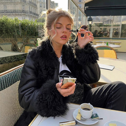Women's Oversize Faux Leather Aviator Jacket with Voluminous Faux Fur Collar and Teddy Cuffs EVA-US