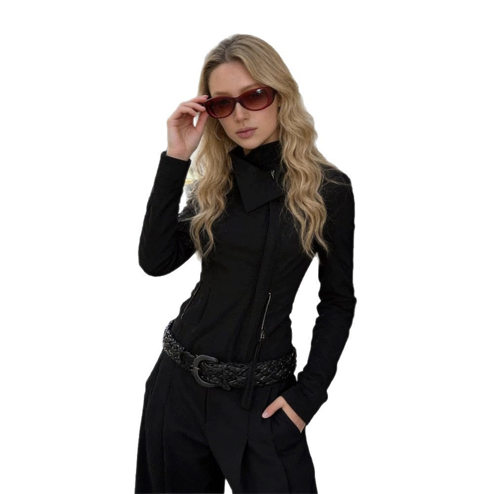 Women Tailored Zip Jacket with Asymmetrical Collar and Shaping Silhouette EVA-US