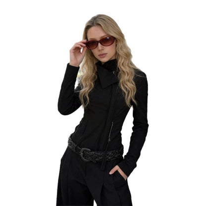 Women Tailored Zip Jacket with Asymmetrical Collar and Shaping Silhouette EVA-US