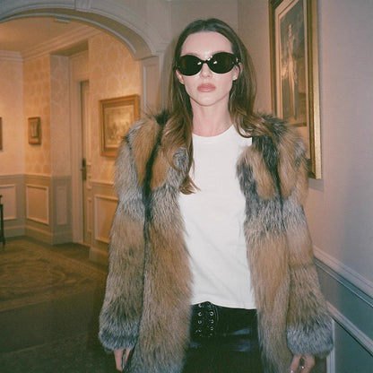 Women short cut oversized faux fur coat with voluminous shawl collar EVA-US