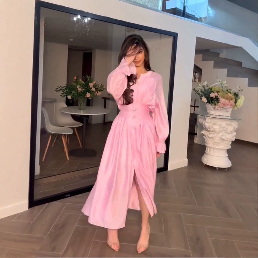 Women's maxi dress made of satin with fitted gathering, stand-up collar and front slit EVA-US