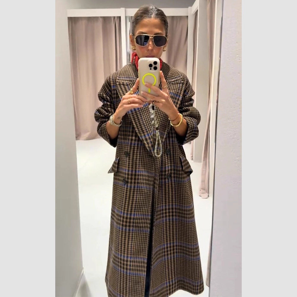 Women's Maxi Long Oversized Double-Breasted Coat with Enhanced Shoulder and Flap Pockets EVA-US