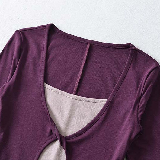 Women Layered Look Shirt with Knot Front, Three-Quarter Sleeves and Integrated Under Top EVA-US