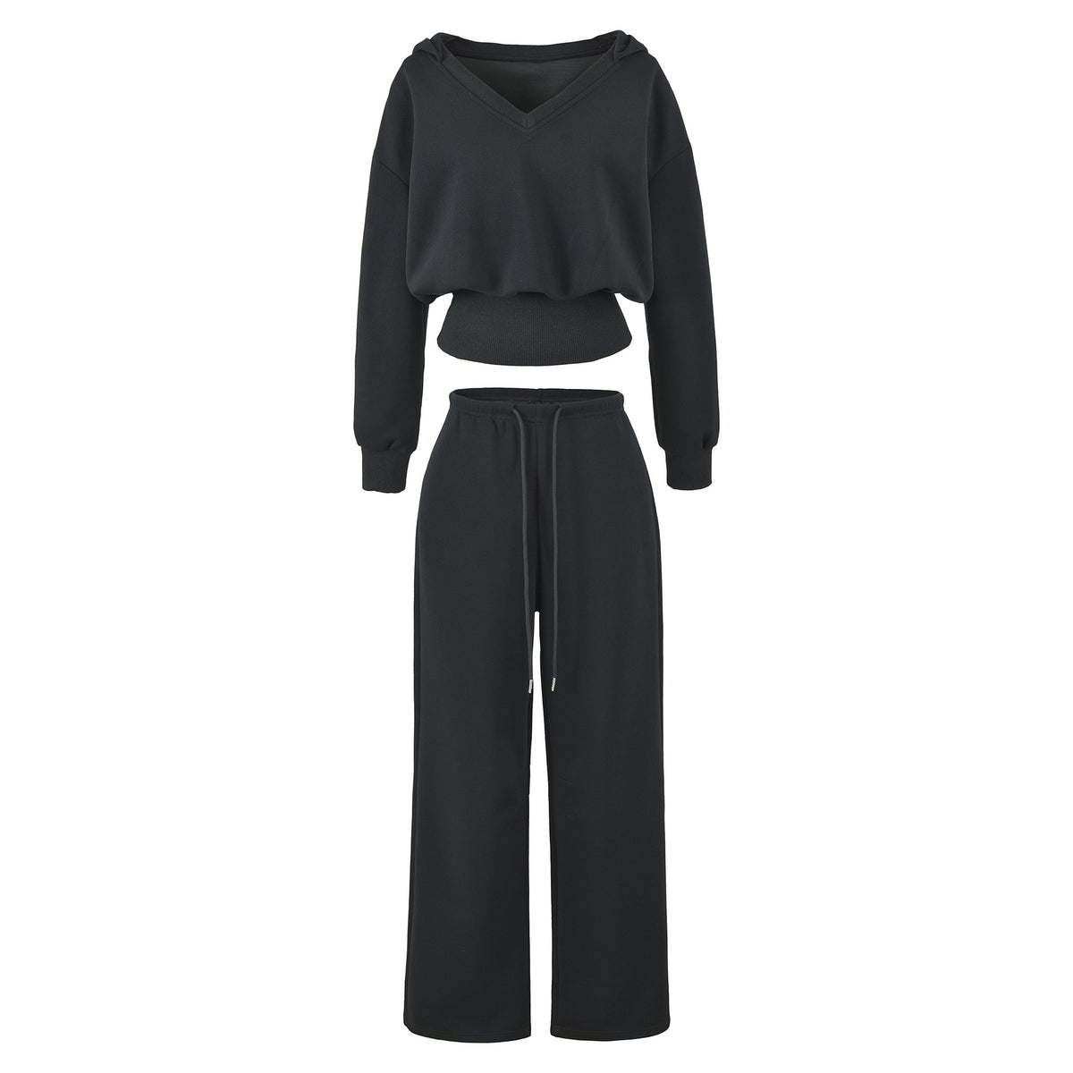 Women's Comfort Lounge Set with Short V Hooded Sweatshirt and High-Cut Wide-Leg Joggers EVA-US