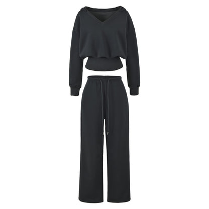Women's Comfort Lounge Set with Short V Hooded Sweatshirt and High-Cut Wide-Leg Joggers EVA-US